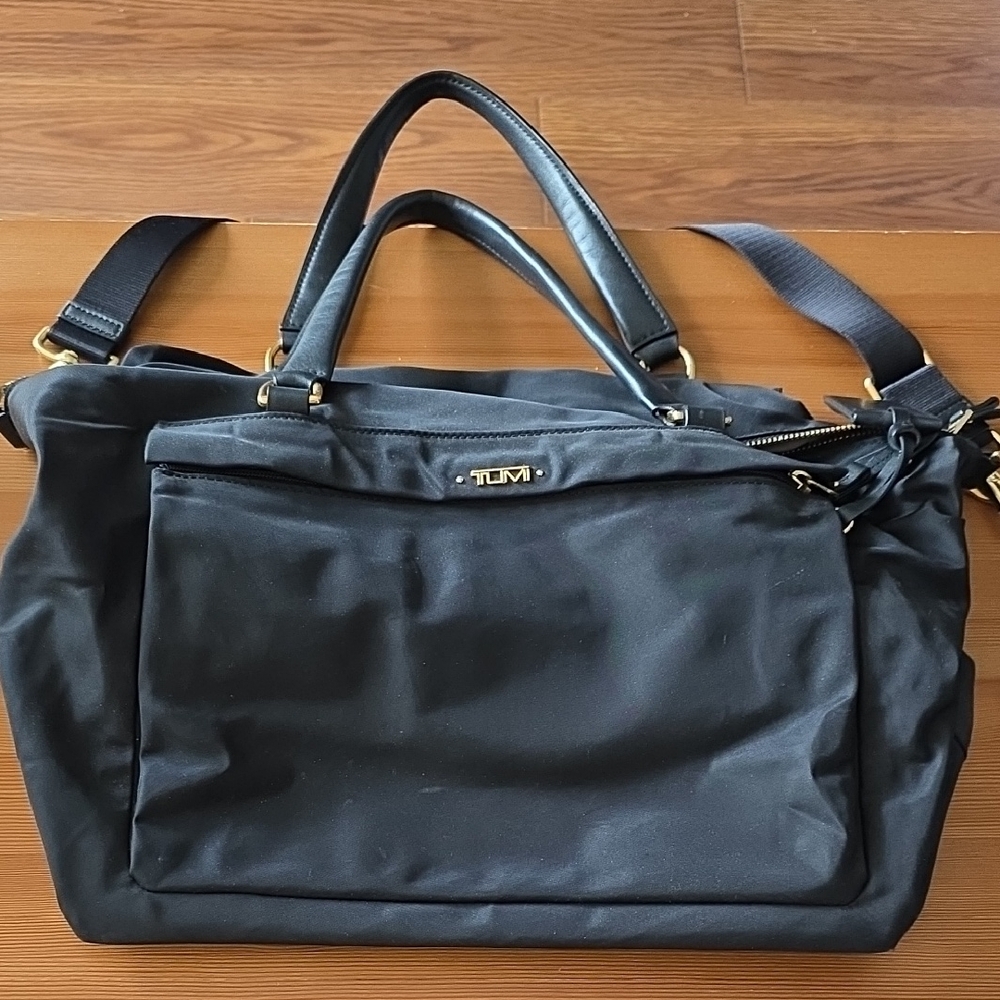 Tumi Black Nylon Tote with Gold Accents
